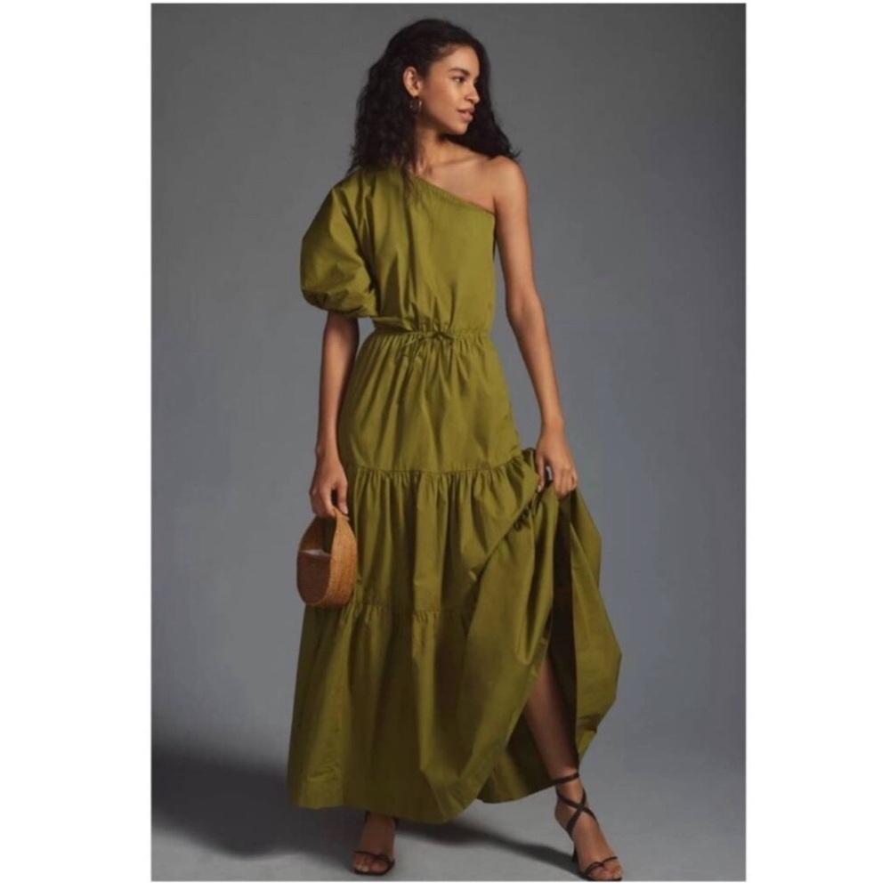 S/W/F Tiered One-Shoulder Dress Olive Green Maxi Dress Puff Sleeve Tiered Skirt